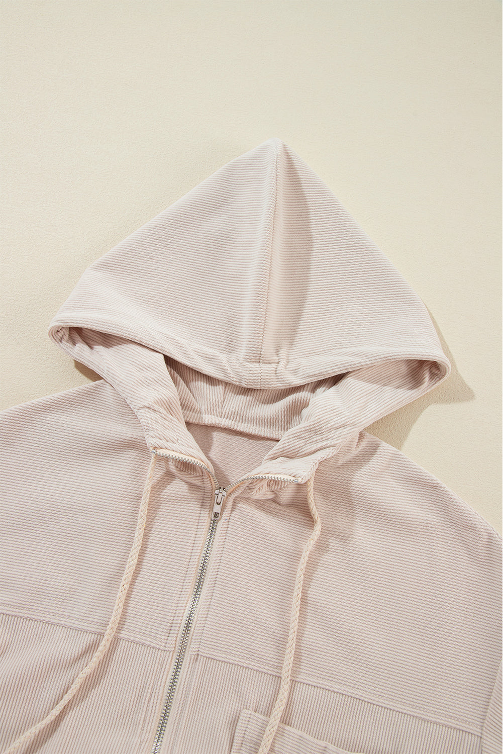 White Corduroy Drawstring Hooded Pocket Zip Up Jacket