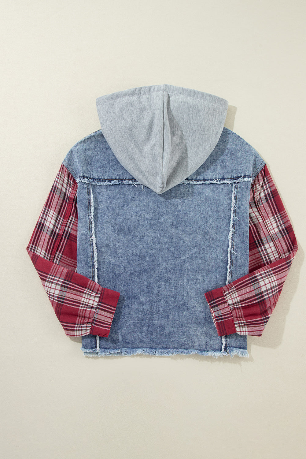 Beau Blue Plaid Print Patchwork Hooded Raw Hem Denim Jacket - Glimmer Road 