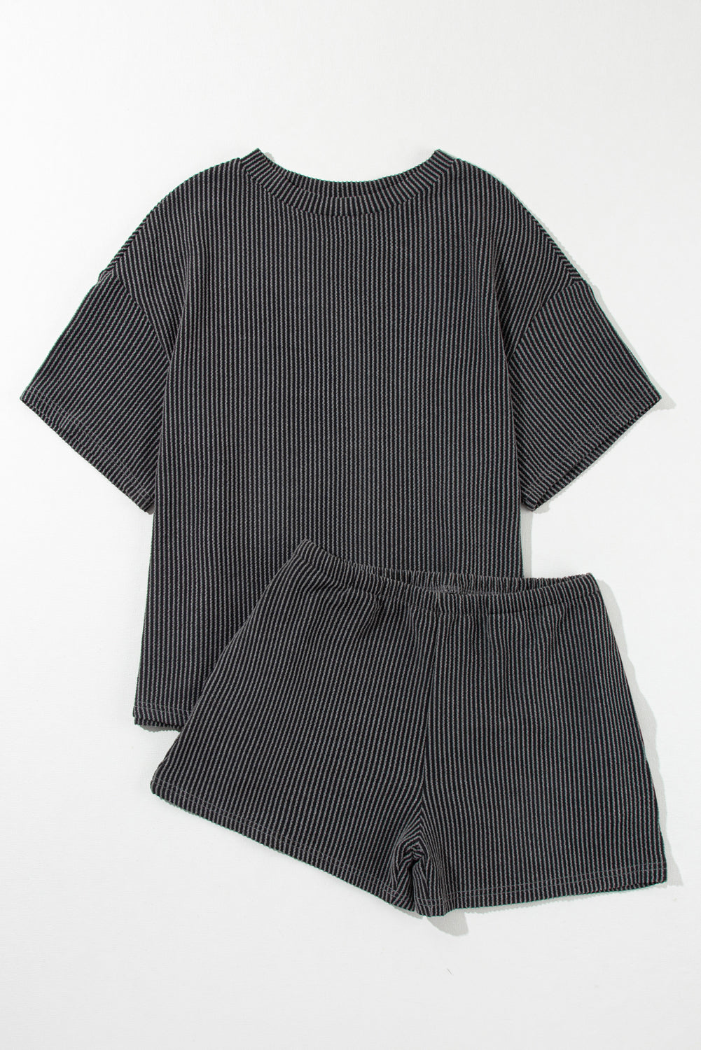 Carbon Grey Ribbed Textured Knit Loose Fit Tee and Shorts Set - Glimmer Road 