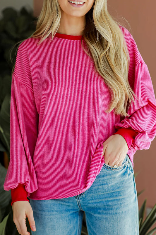 Bright Pink Corded Contrast Edge Drop Shoulder Long Sleeve Top