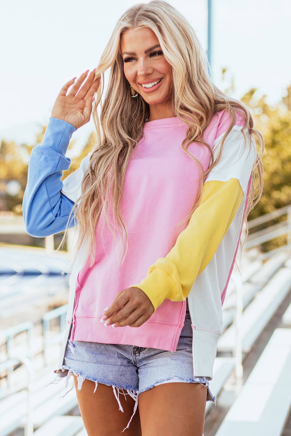 Bonbon Color Block Exposed Seam Side Slits Crewneck Sweatshirt - Glimmer Road 