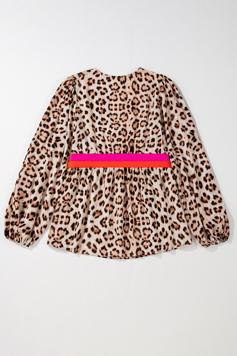 Khaki Cheetah Color Block V Neck Balloon Sleeve Babydoll Blouse - Glimmer Road 