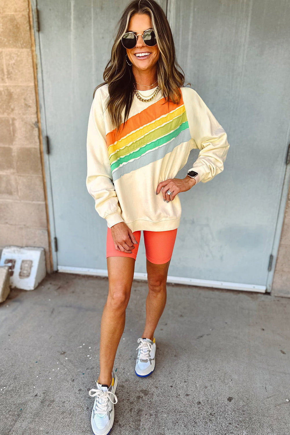 Beau Blue Rainbow Colorblock Striped Pullover Sweatshirt