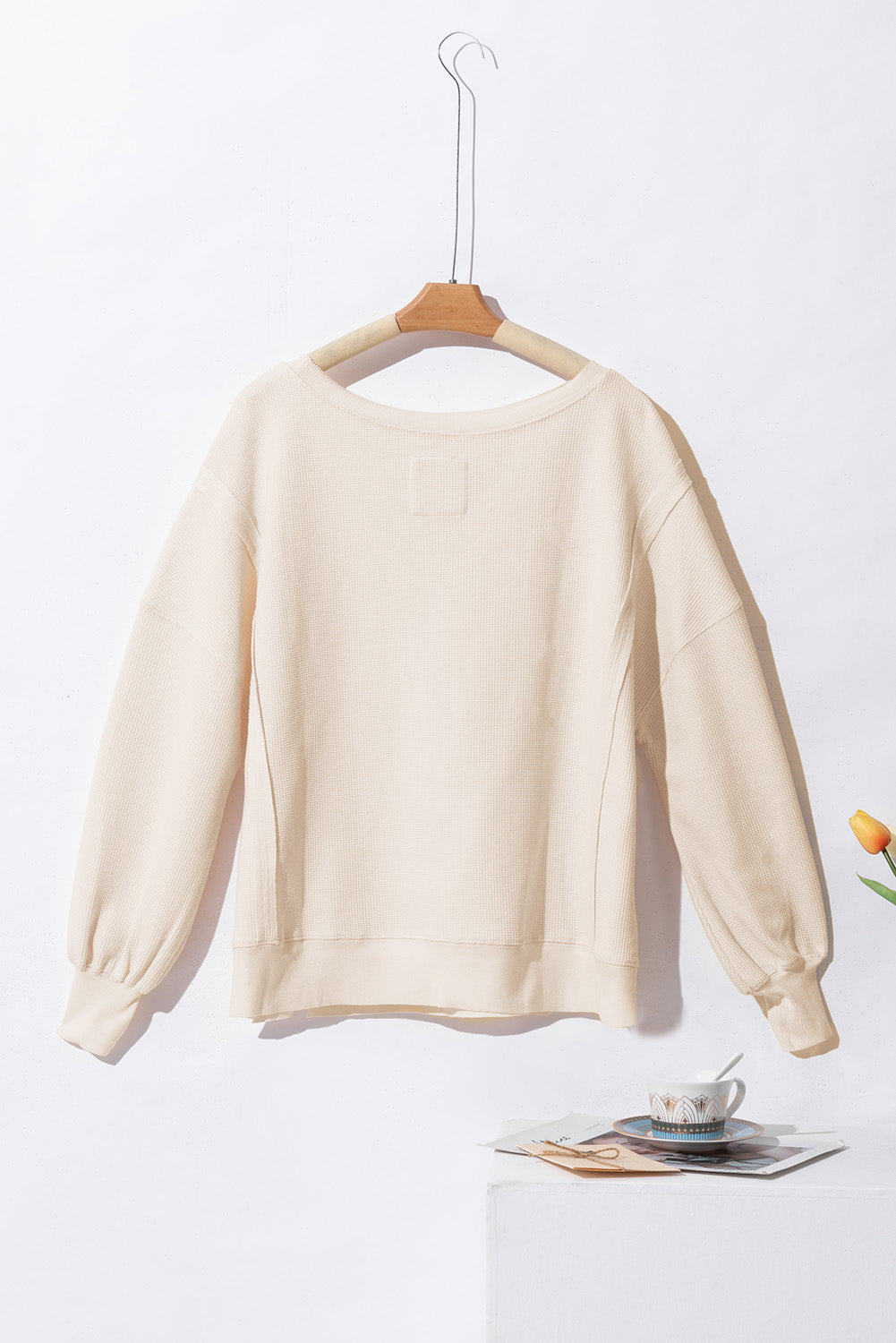 White Waffle Knit Bishop Sleeve Split Oversized Sweatshirt - Glimmer Road 