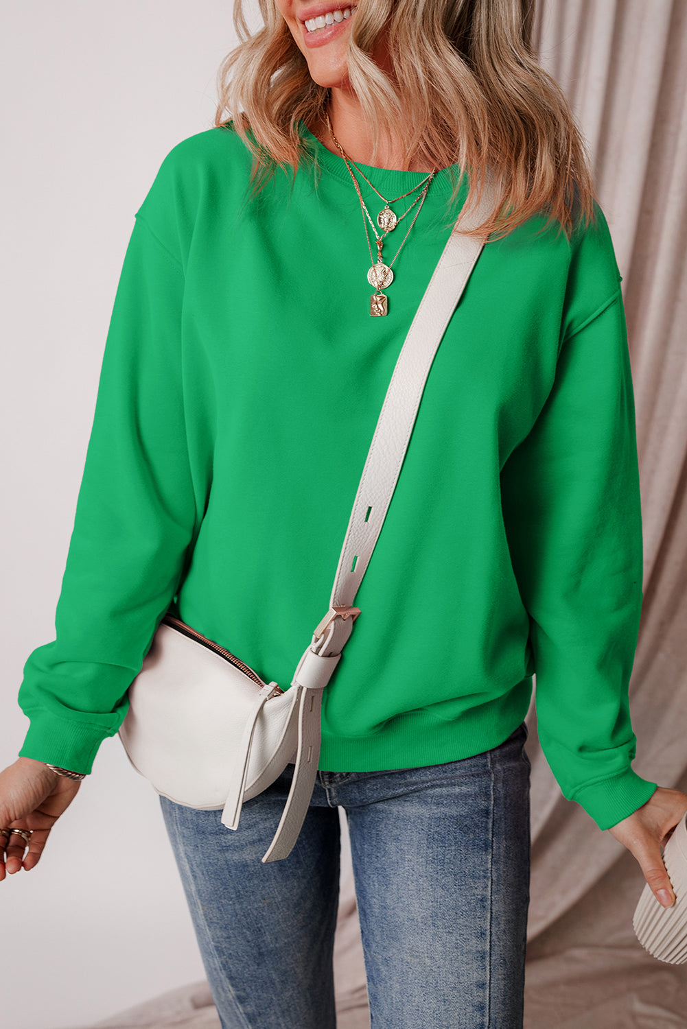 Smoke Green Solid Fleece Lined Drop Shoulder Terry Sweatshirt - Glimmer Road 