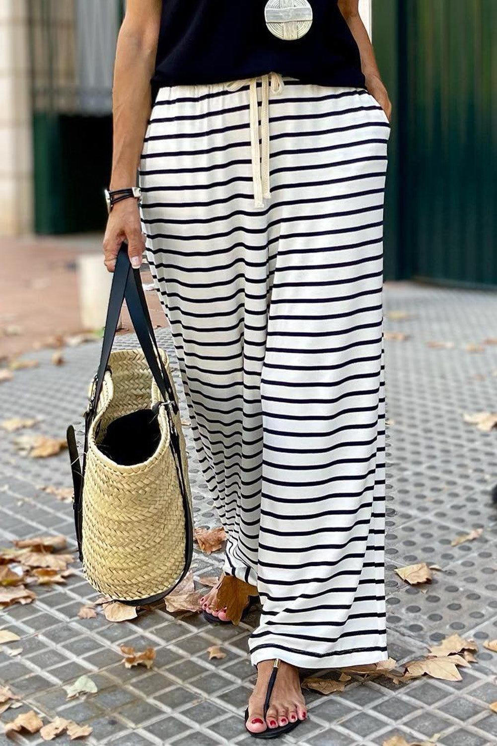 White Drawstring Striped Wide Leg Pants - Glimmer Road 