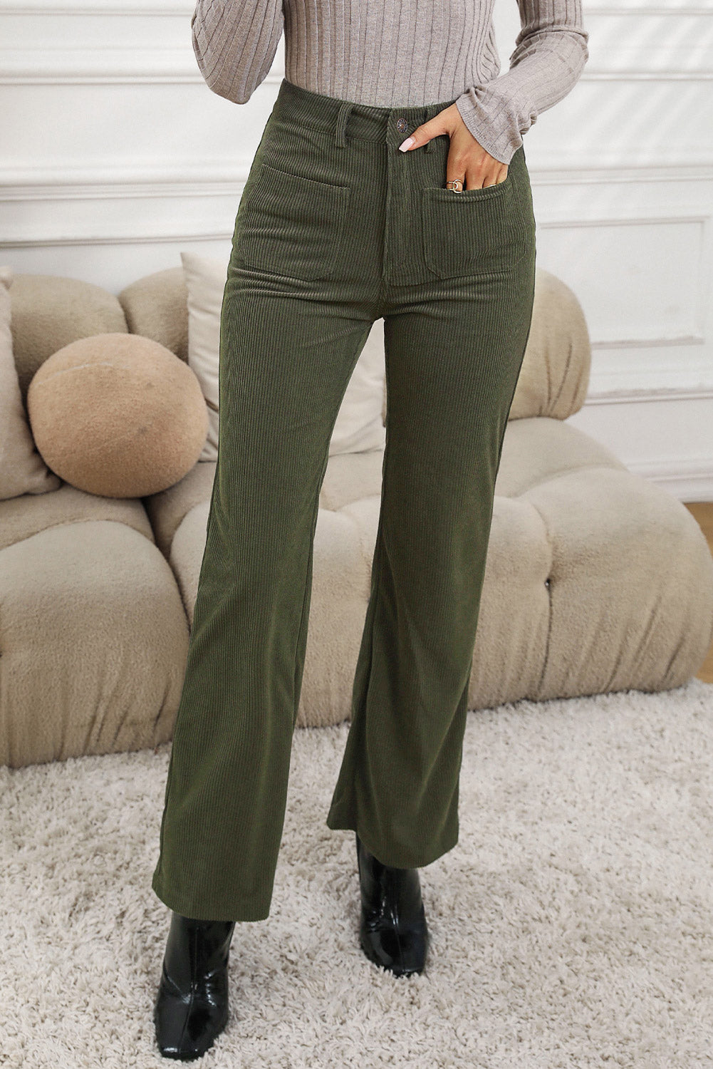 Green High Waist Square Pockets Corduroy Pants - Glimmer Road 