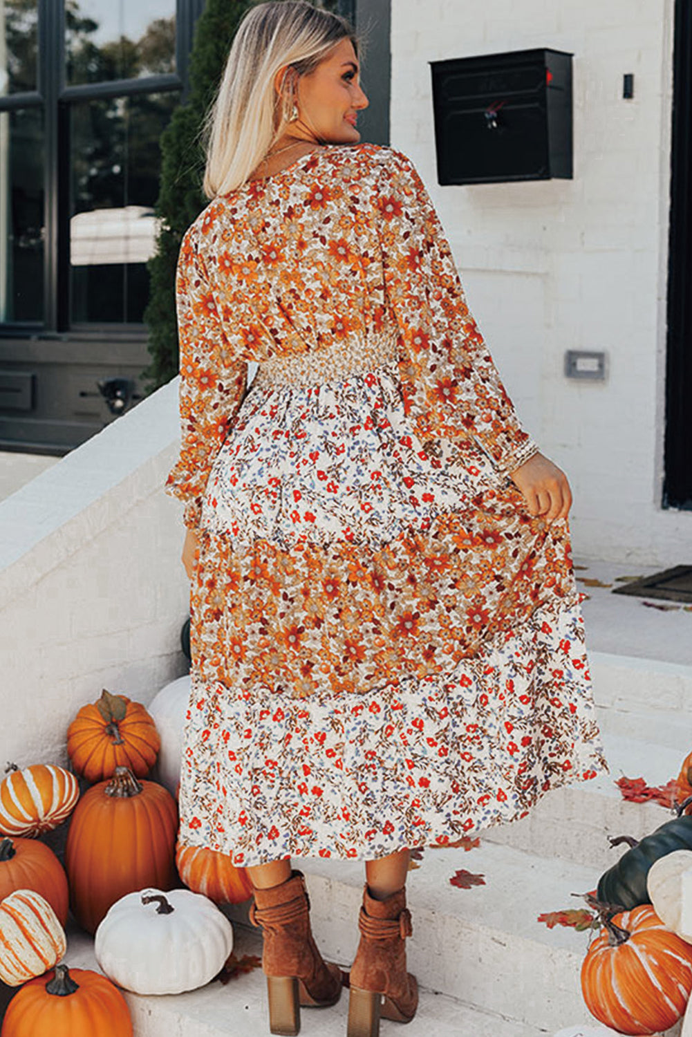 Khaki Floral Print Ruffled Tiered Long Sleeve V Neck Midi Dress - Glimmer Road 