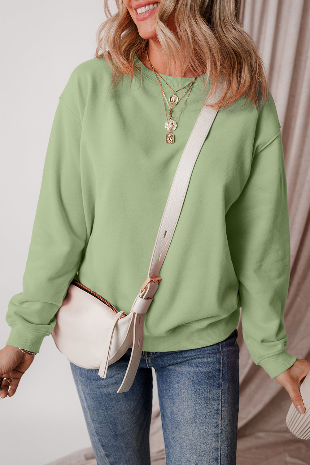 Smoke Green Solid Fleece Lined Drop Shoulder Terry Sweatshirt - Glimmer Road 