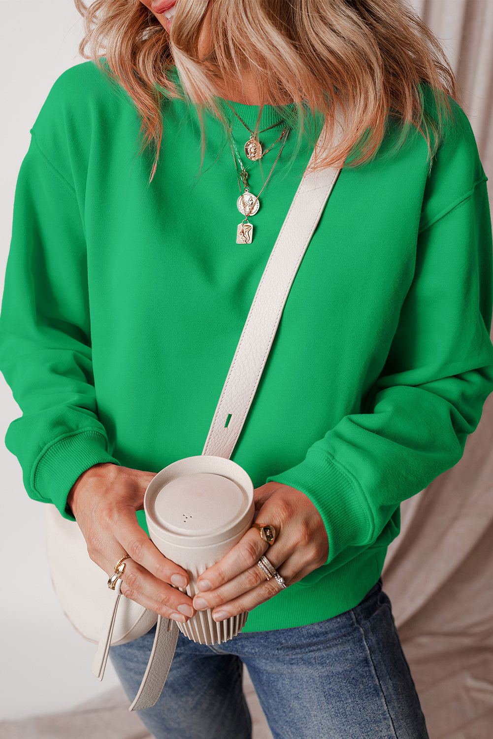 Smoke Green Solid Fleece Lined Drop Shoulder Terry Sweatshirt - Glimmer Road 