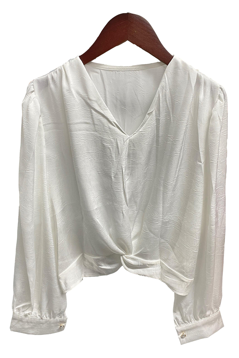 White Twisted Elastic Hem V Neck Crop Blouse