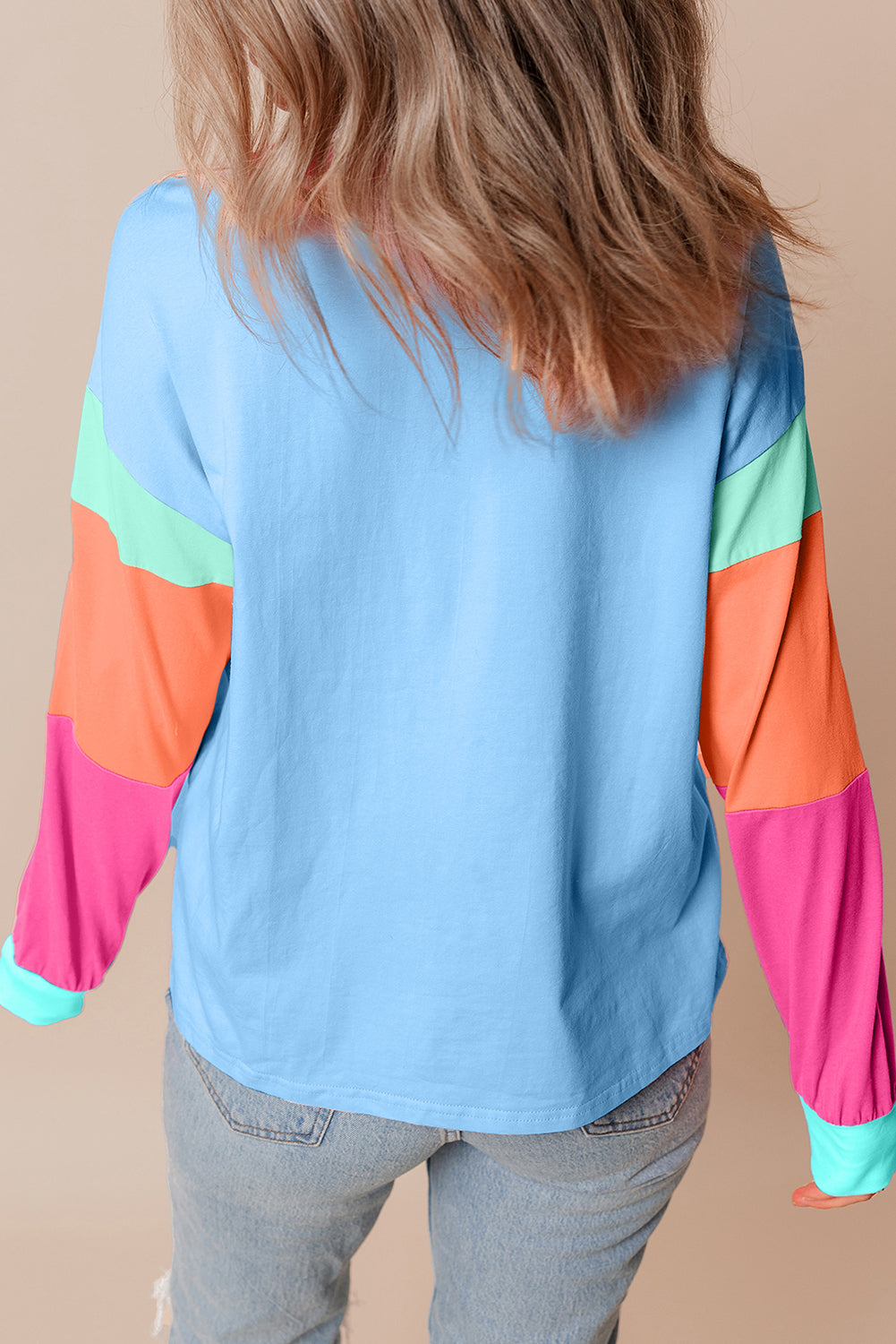 Dark Blue Colorblock Patchwork Long Sleeve Loose Top - Glimmer Road 