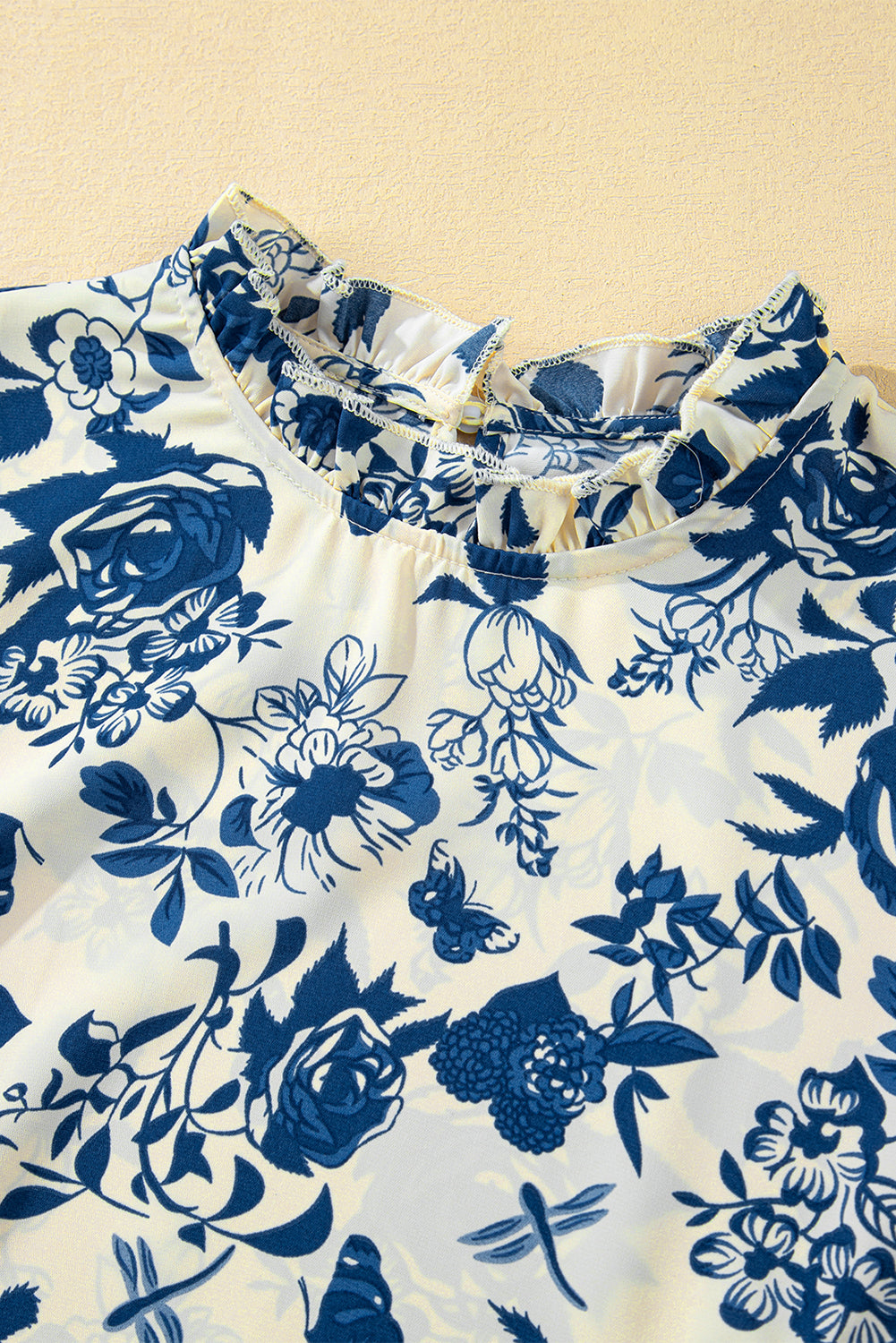Sky Blue Floral Print Flounce Sleeve Keyhole Back Blouse - Glimmer Road 