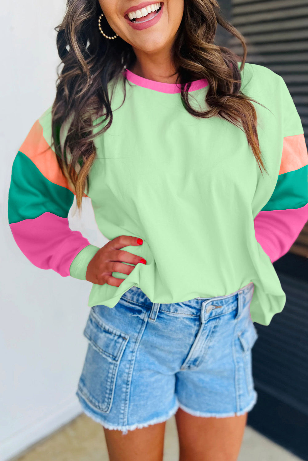 Green Colorblock Patchwork Long Sleeve Loose Top - Glimmer Road 