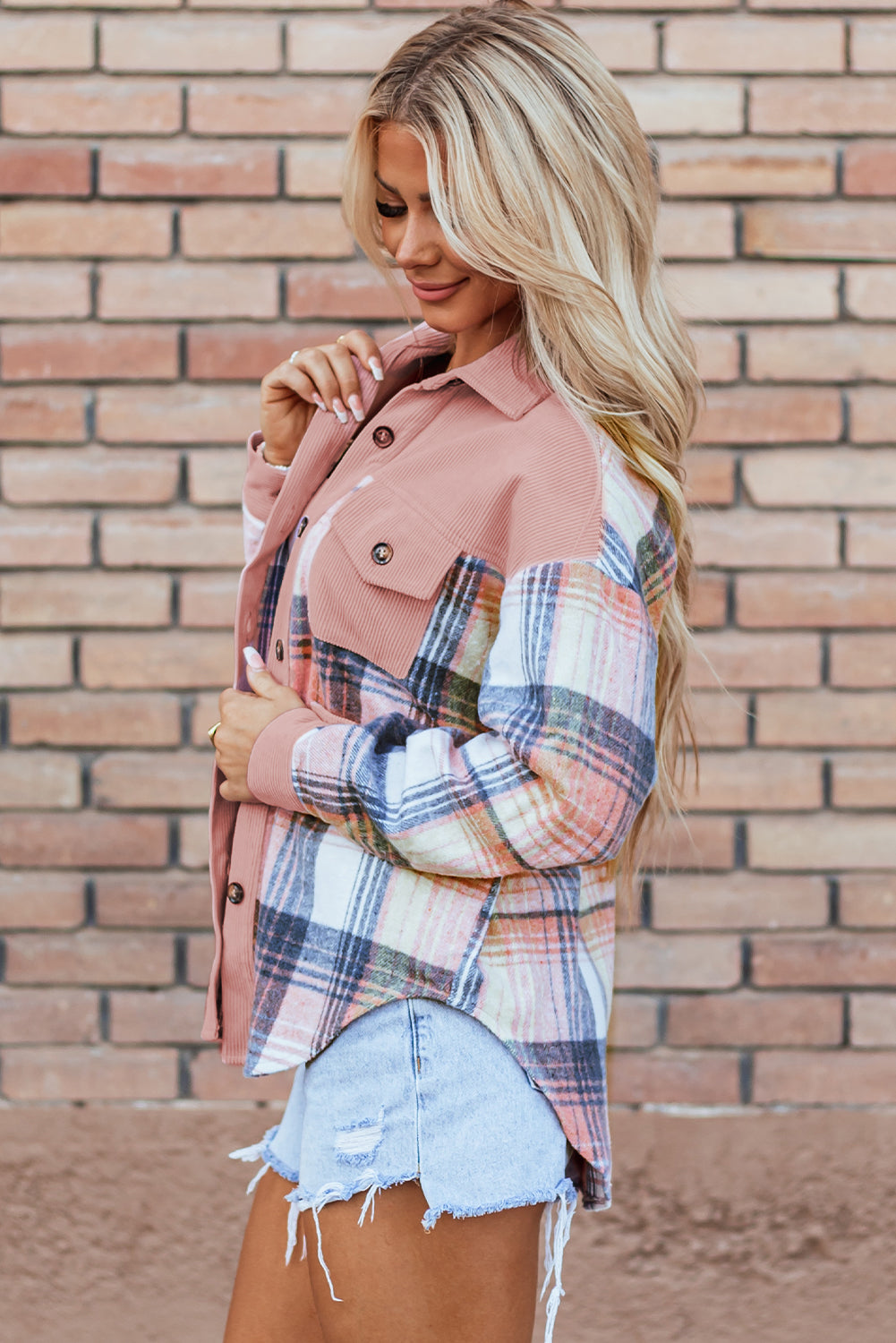 Light Pink Plaid Corduroy Patchwork Chest Pocket Shacket - Glimmer Road 