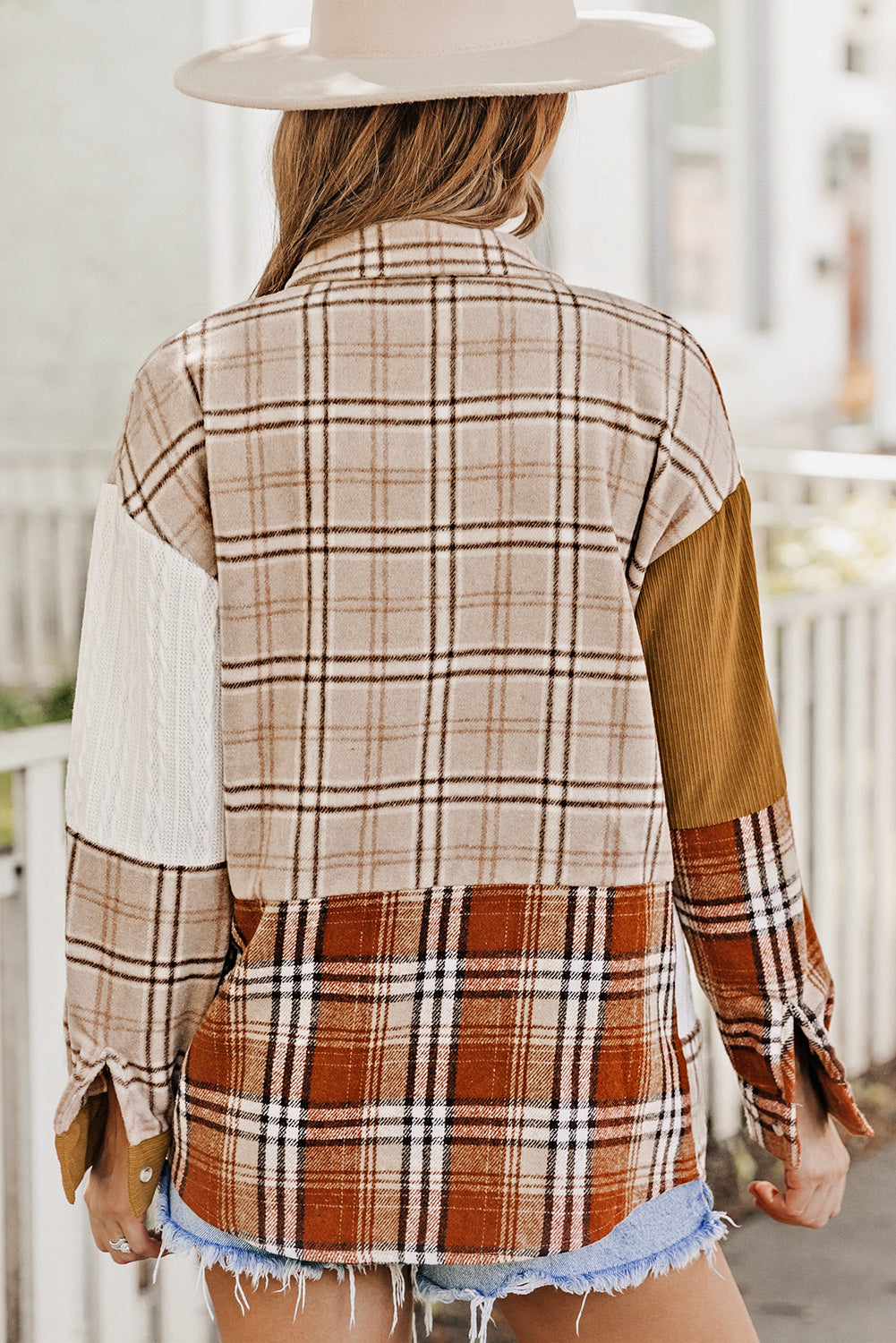 Orange Plaid Color Block Patchwork Shirt Jacket with Pocket - Glimmer Road 