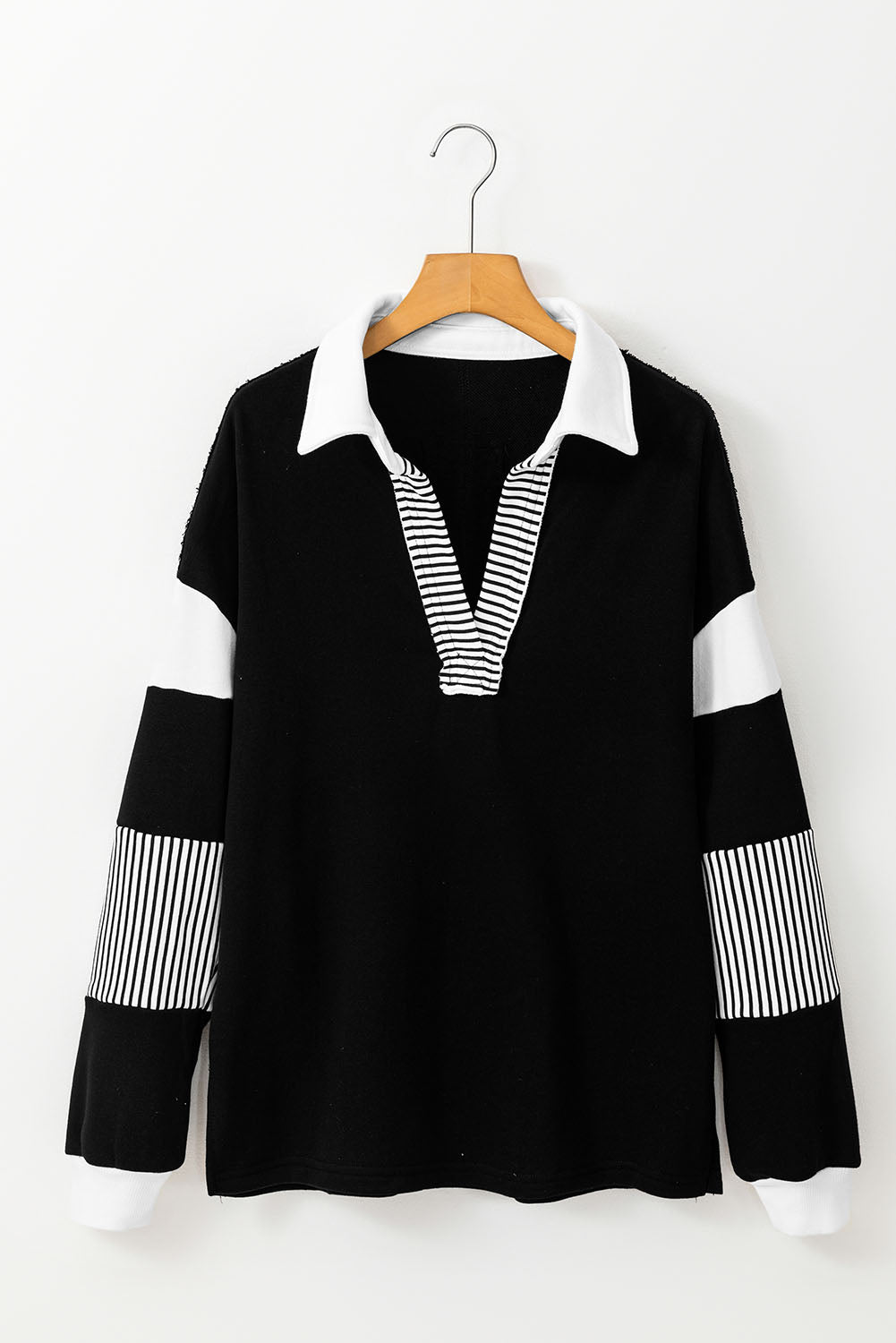 Black Striped Colorblock Patchwork Collar Sweatshirt - Glimmer Road 