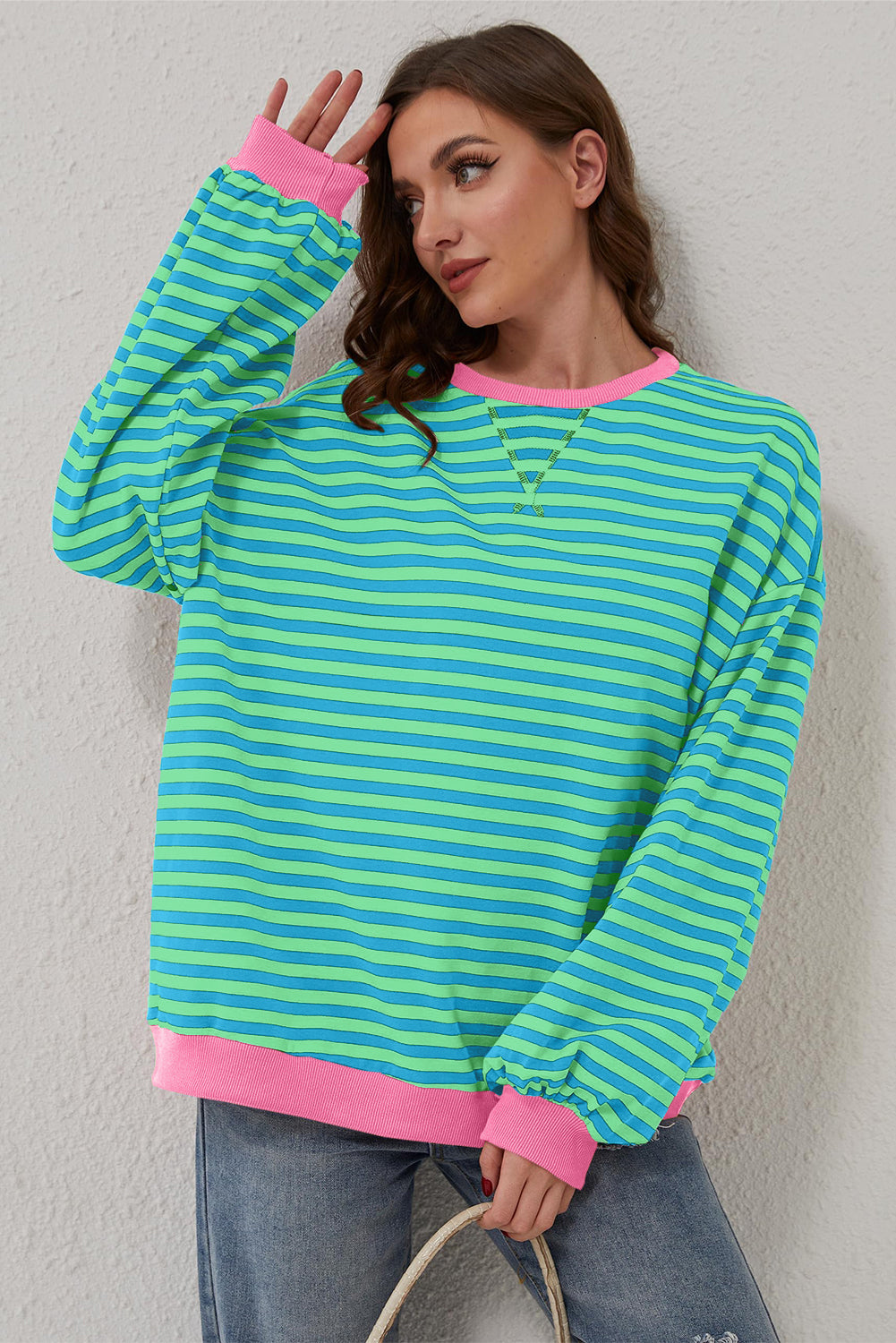 Sky Blue Stripe Oversized Contrast Trim Pullover Sweatshirt - Glimmer Road 