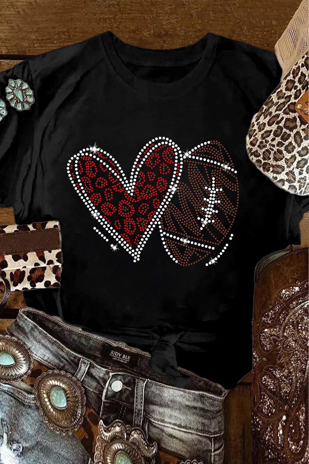 Black Rhinestone Rugby Football Heart Shape Graphic T Shirt - Glimmer Road 