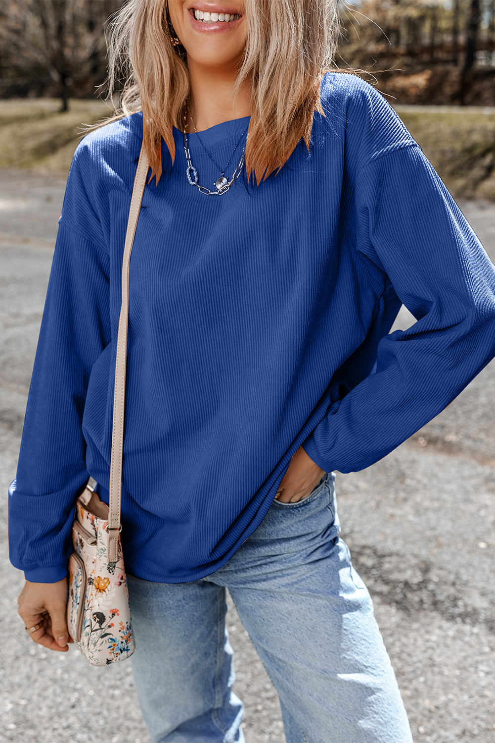 Dark Blue Ribbed Corduroy Oversized Sweatshirt - Glimmer Road 