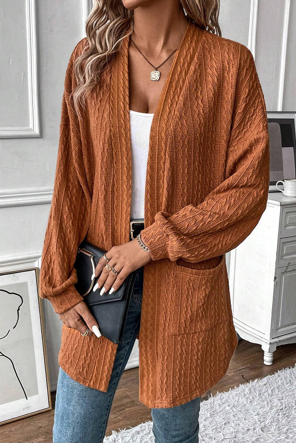 Black Textured Knit Side Pockets Open Front Cardigan