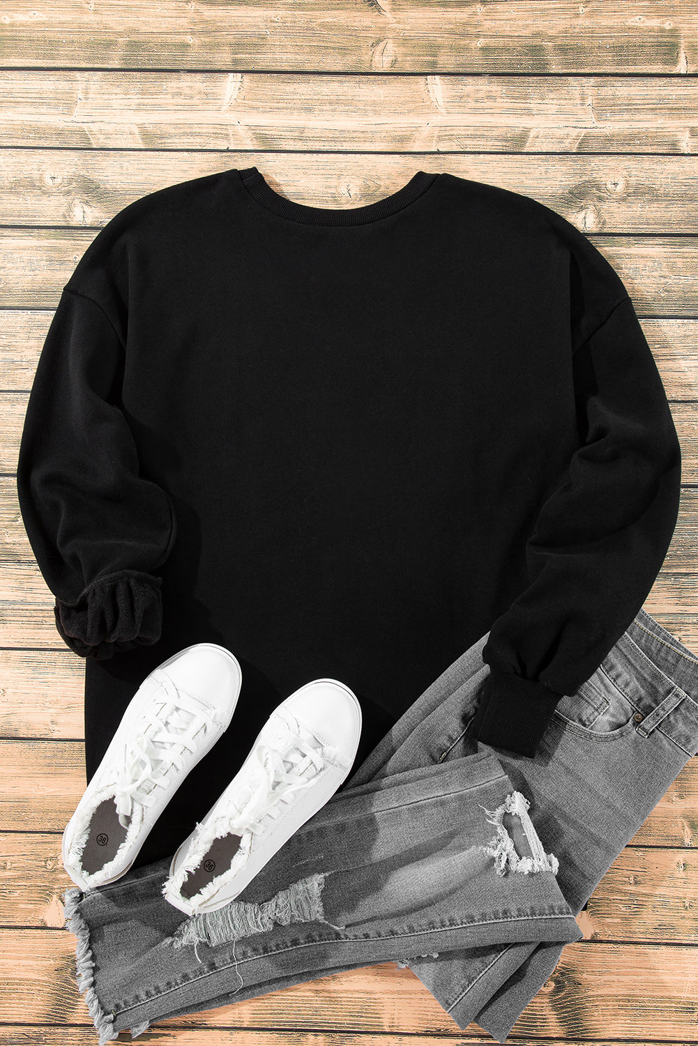 Black Solid Fleece Lined Drop Shoulder High Low Sweatshirt