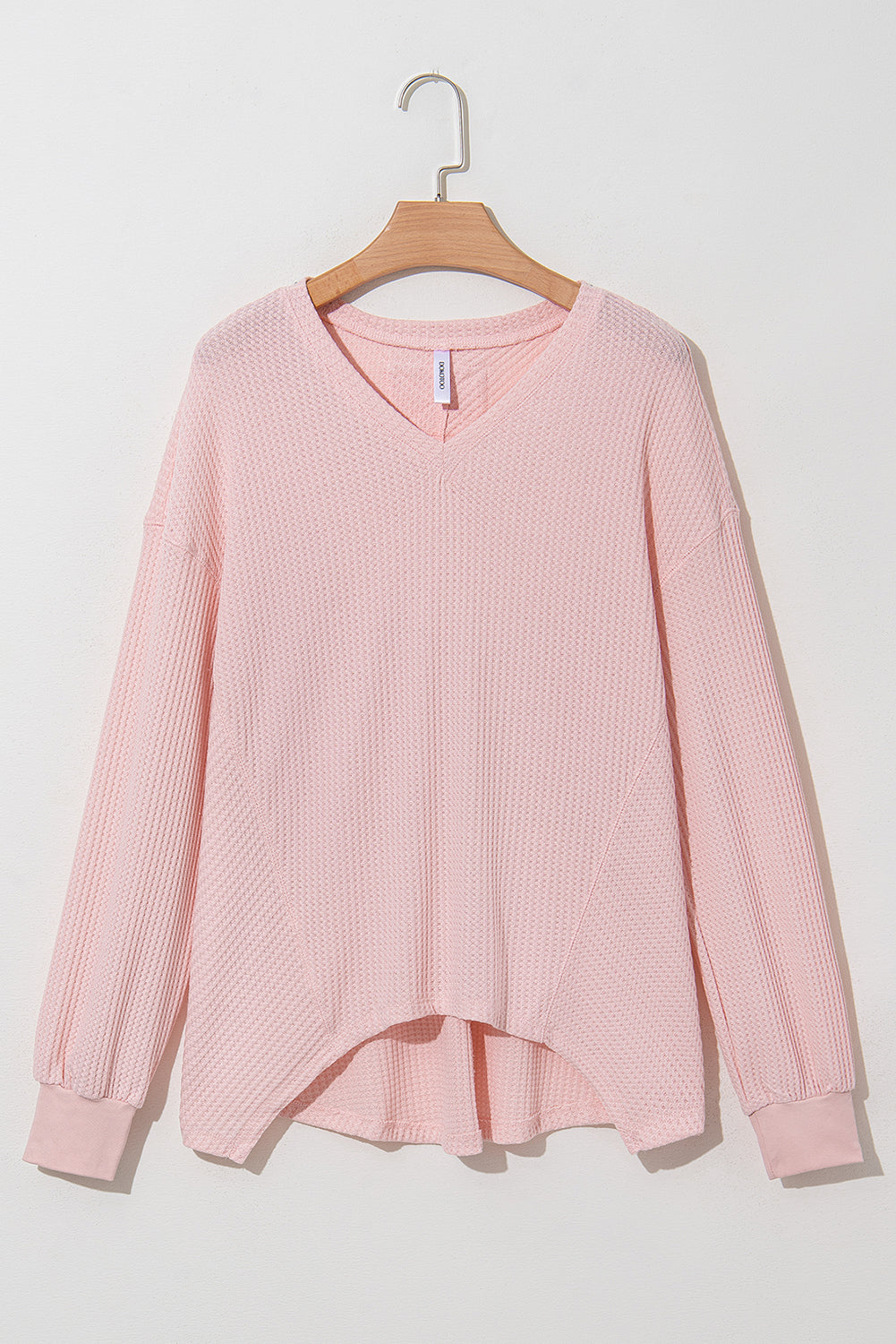 Bright Pink Waffle V Neck Long Sleeve Drop Shoulder Loose Blouse