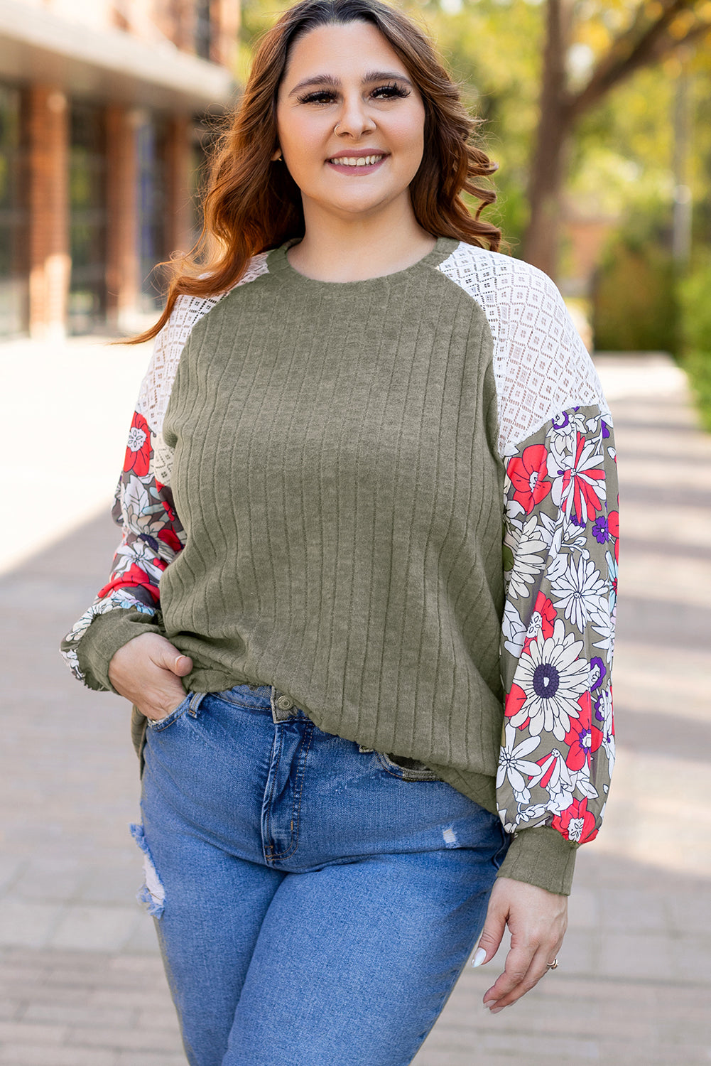 Vineyard Green Plus Size Textured Floral Patchwork Raglan Sleeve Blouse - Glimmer Road 