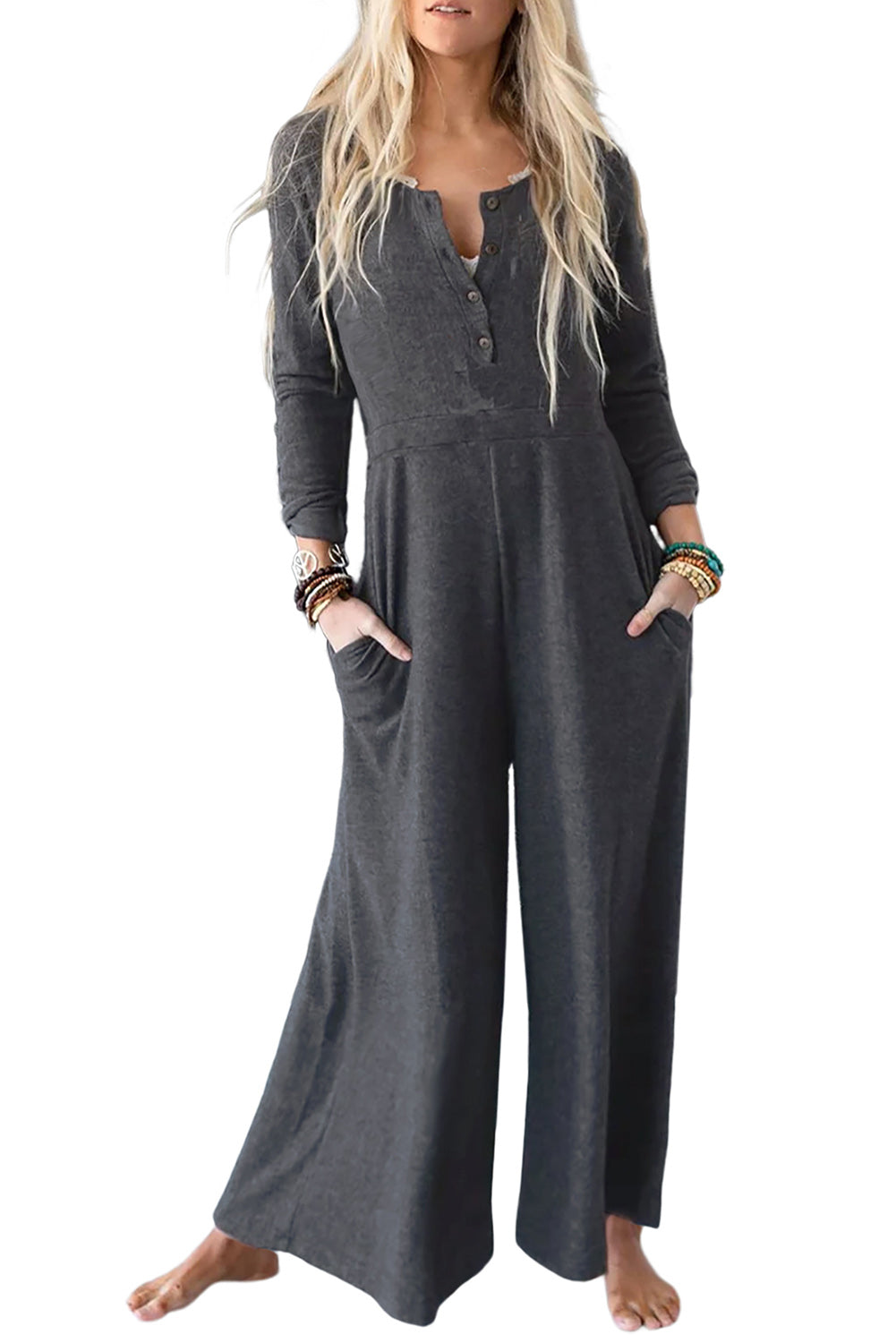 Gray Button Long Sleeve Wide Leg Jumpsuit - Glimmer Road 