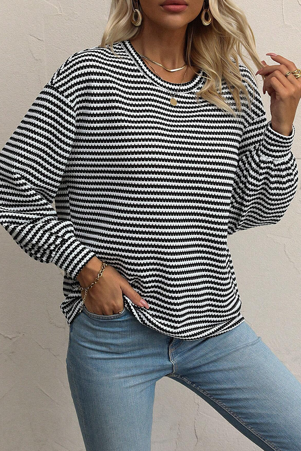 Black Stripe Round Neck Drop Shoulder Long Sleeve Top - Glimmer Road 