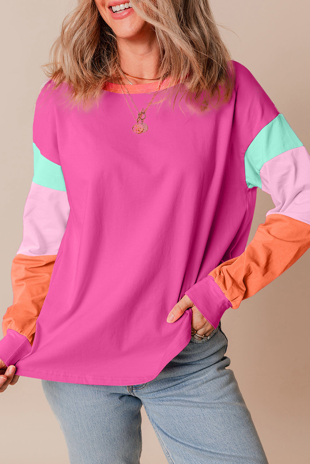 Rose Red Colorblock Patchwork Long Sleeve Loose Top - Glimmer Road 