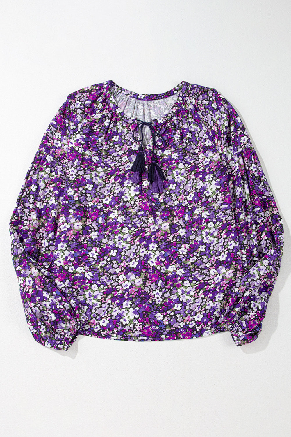 Purple Boho Flower Split V Neck Bubble Sleeve Blouse