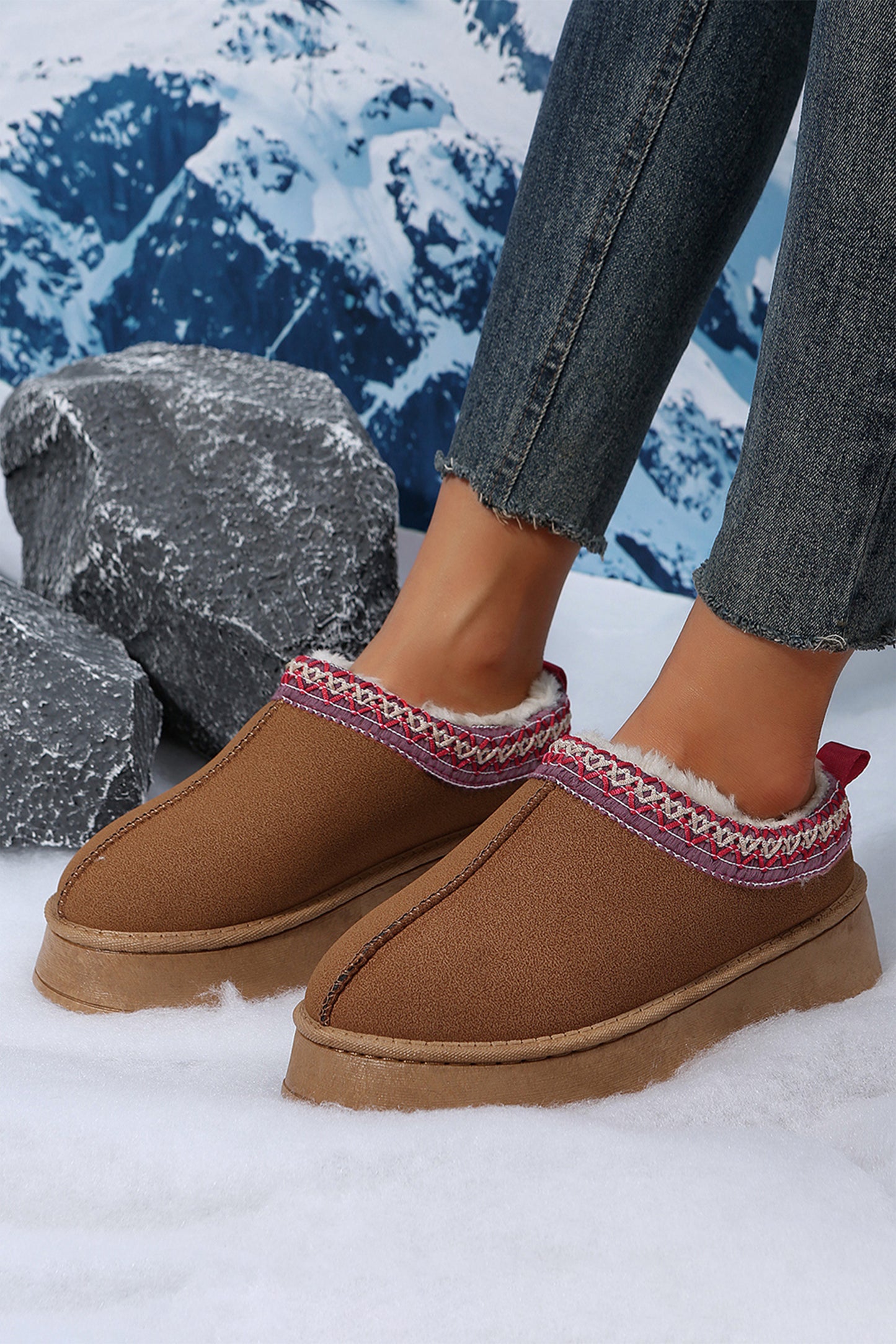 Chestnut Contrast Print Suede Plush Lined Snow Boots - Glimmer Road 