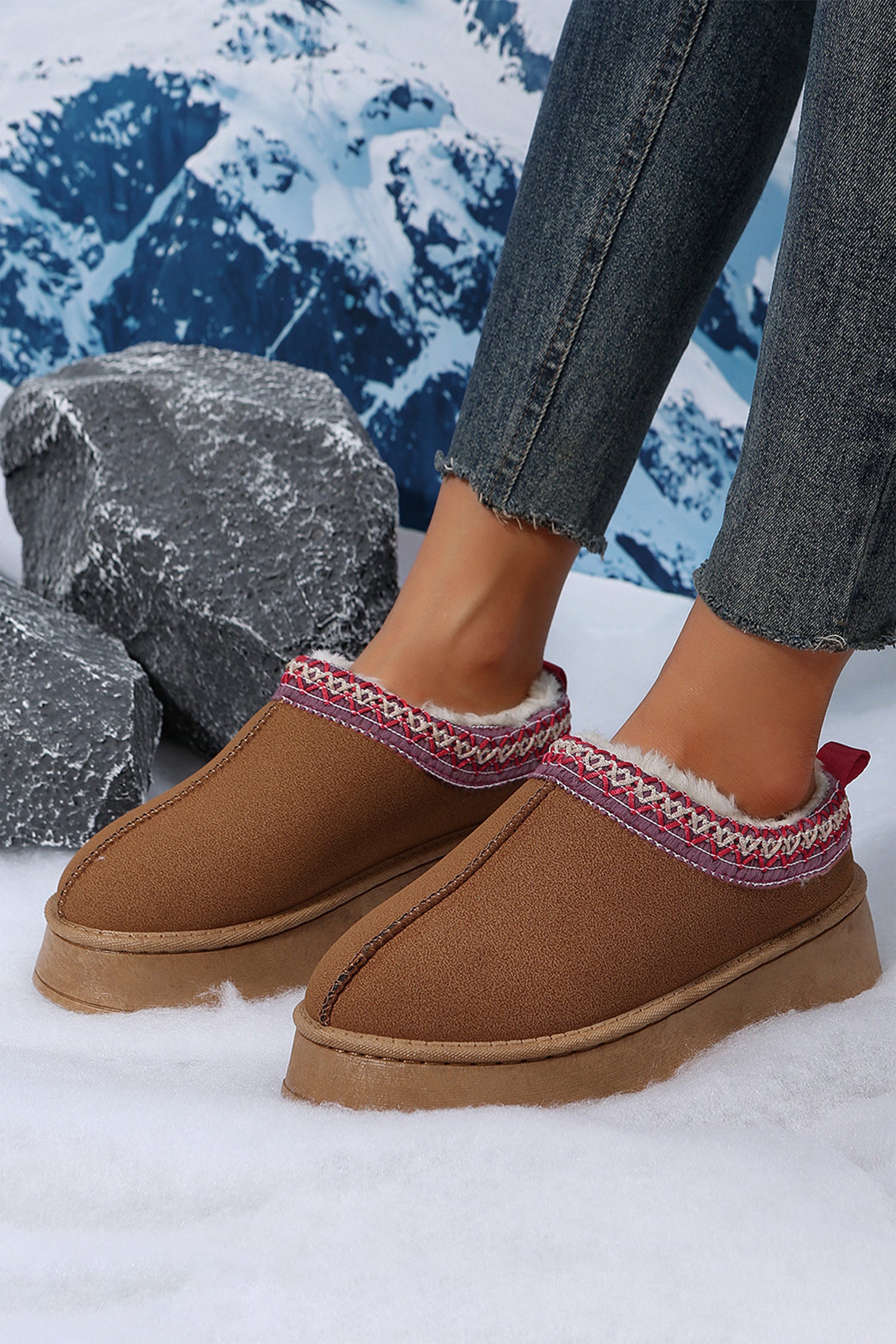 Chestnut Contrast Print Suede Plush Lined Snow Boots - Glimmer Road 