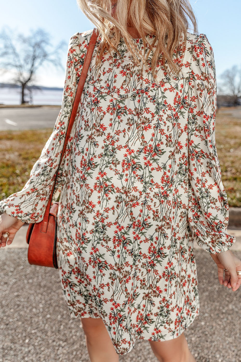 White Floral Printed Long Sleeve Mini Dress