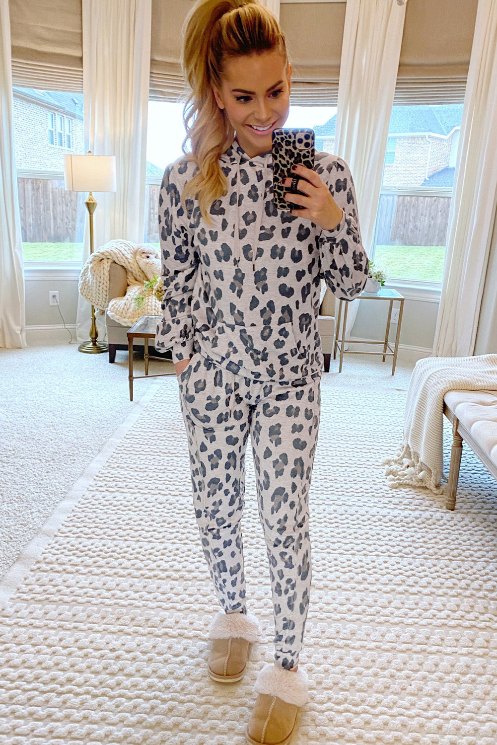 Khaki Leopard Print Drawstring Hoodie and Skinny Pants Lounge Set - Glimmer Road 