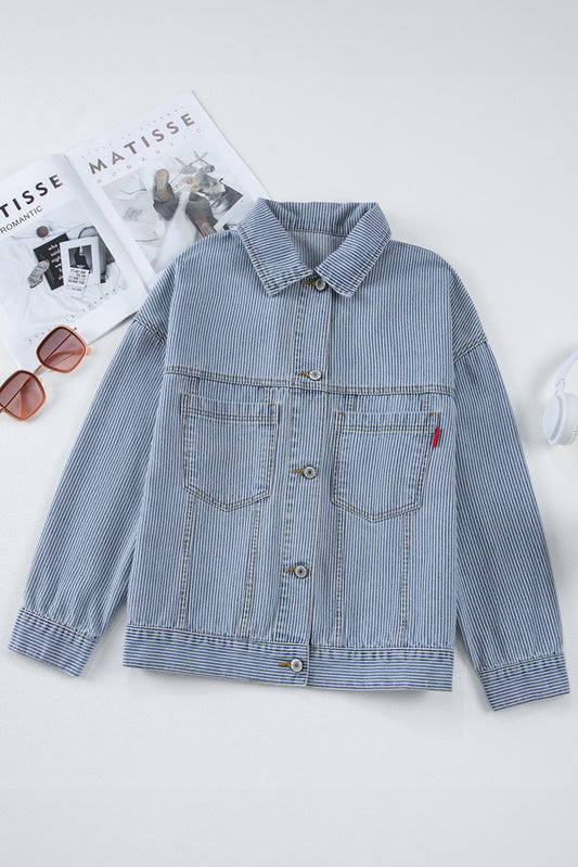Sky Blue Stripe Washed Oversize Pocketed Denim Jacket - Glimmer Road 