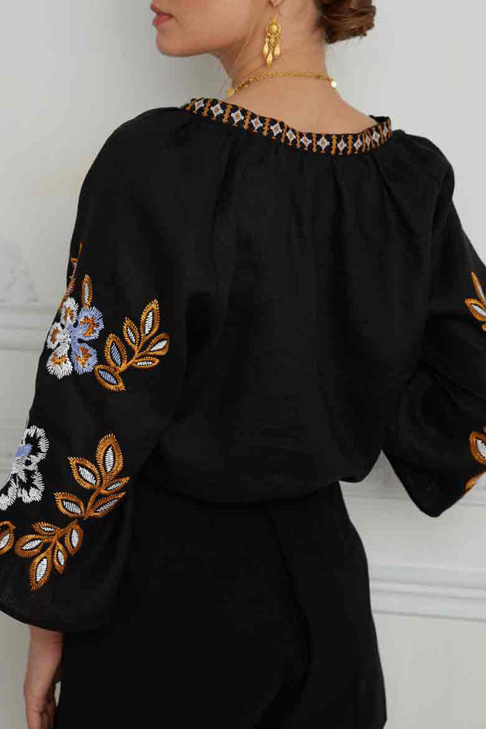 Black Bohemian Floral Embroidered V Neck Blouse - Glimmer Road 