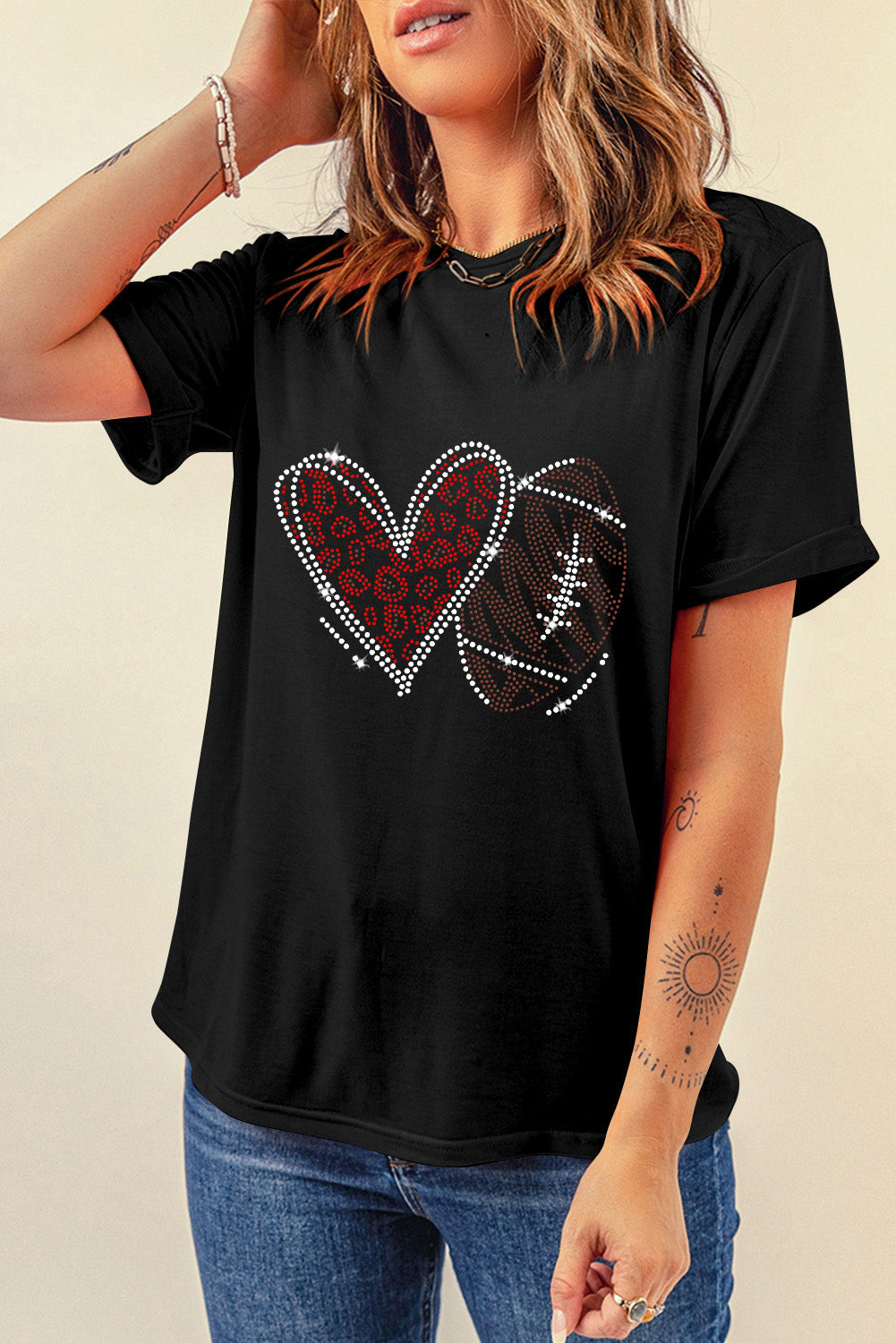 Black Rhinestone Rugby Football Heart Shape Graphic T Shirt - Glimmer Road 