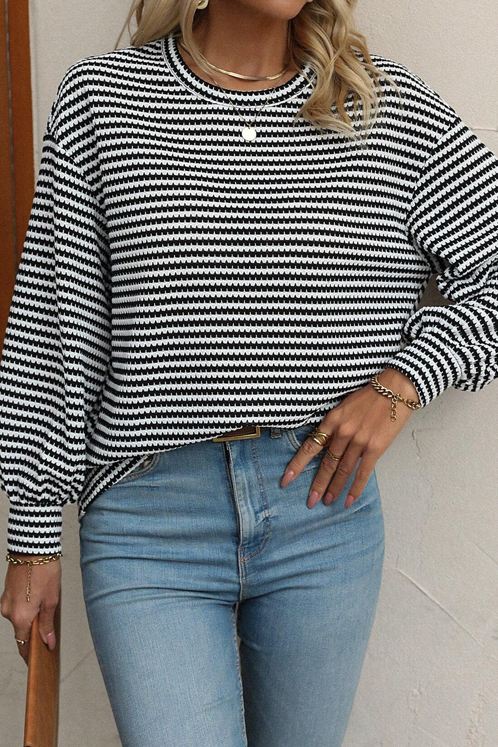 Black Stripe Round Neck Drop Shoulder Long Sleeve Top - Glimmer Road 