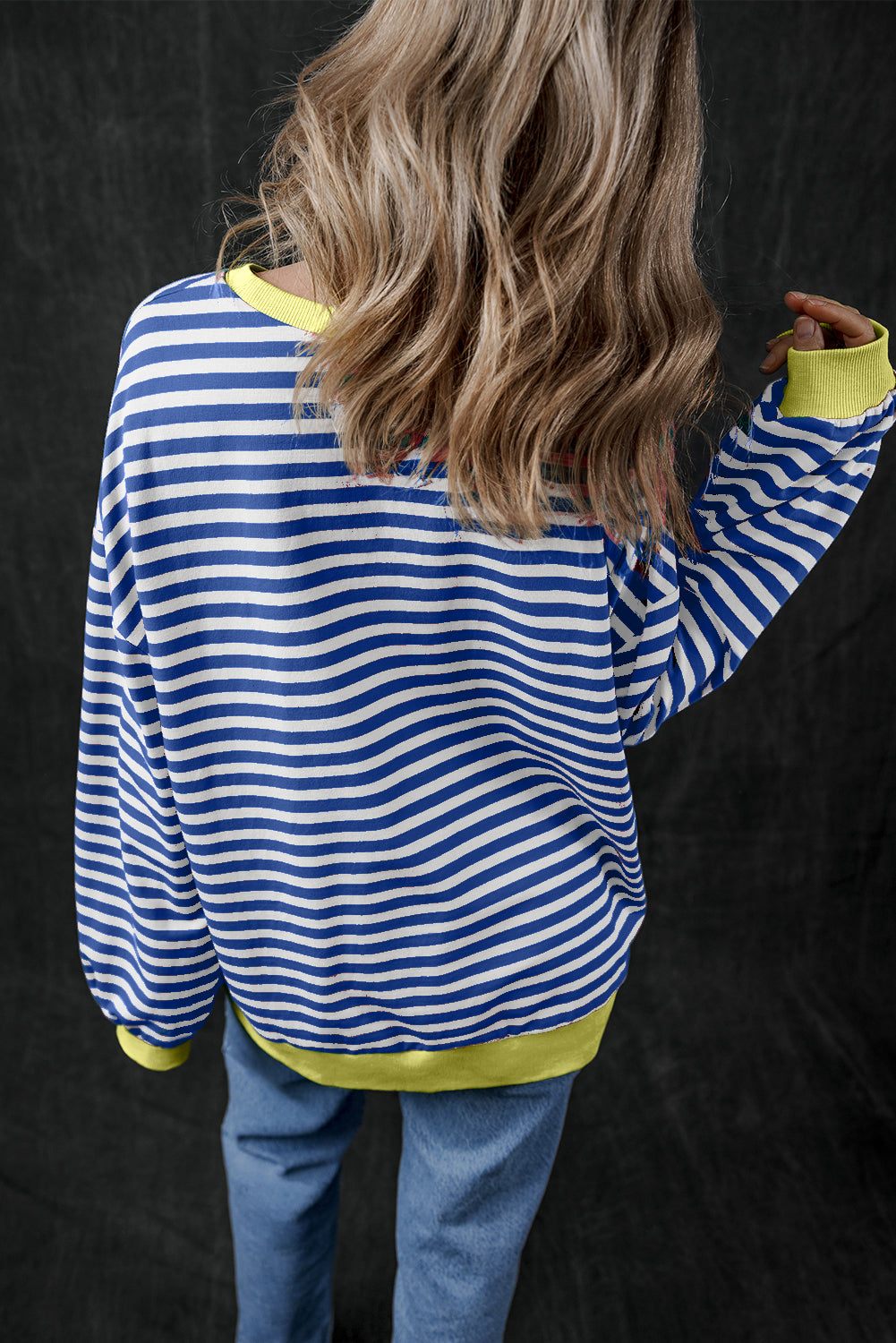 Blue Stripe Oversized Contrast Trim Pullover Sweatshirt - Glimmer Road 