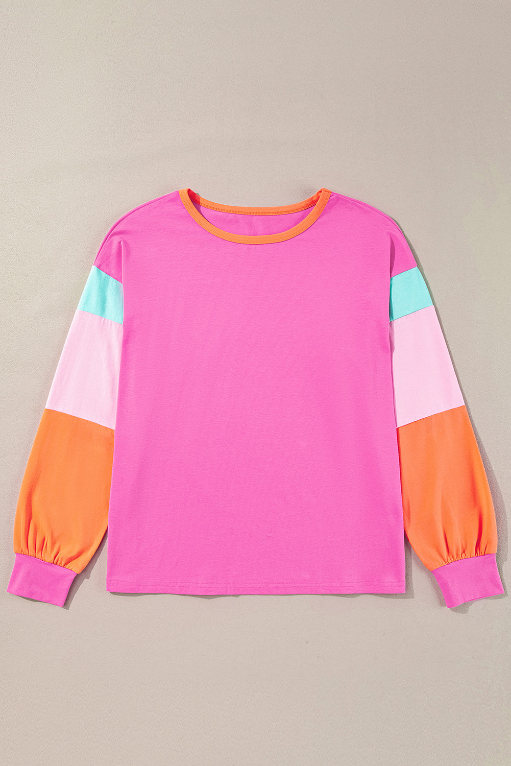 Rose Red Colorblock Patchwork Long Sleeve Loose Top - Glimmer Road 