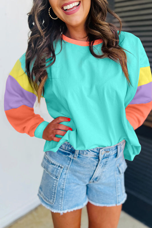 Light Blue Colorblock Patchwork Long Sleeve Loose Top - Glimmer Road 