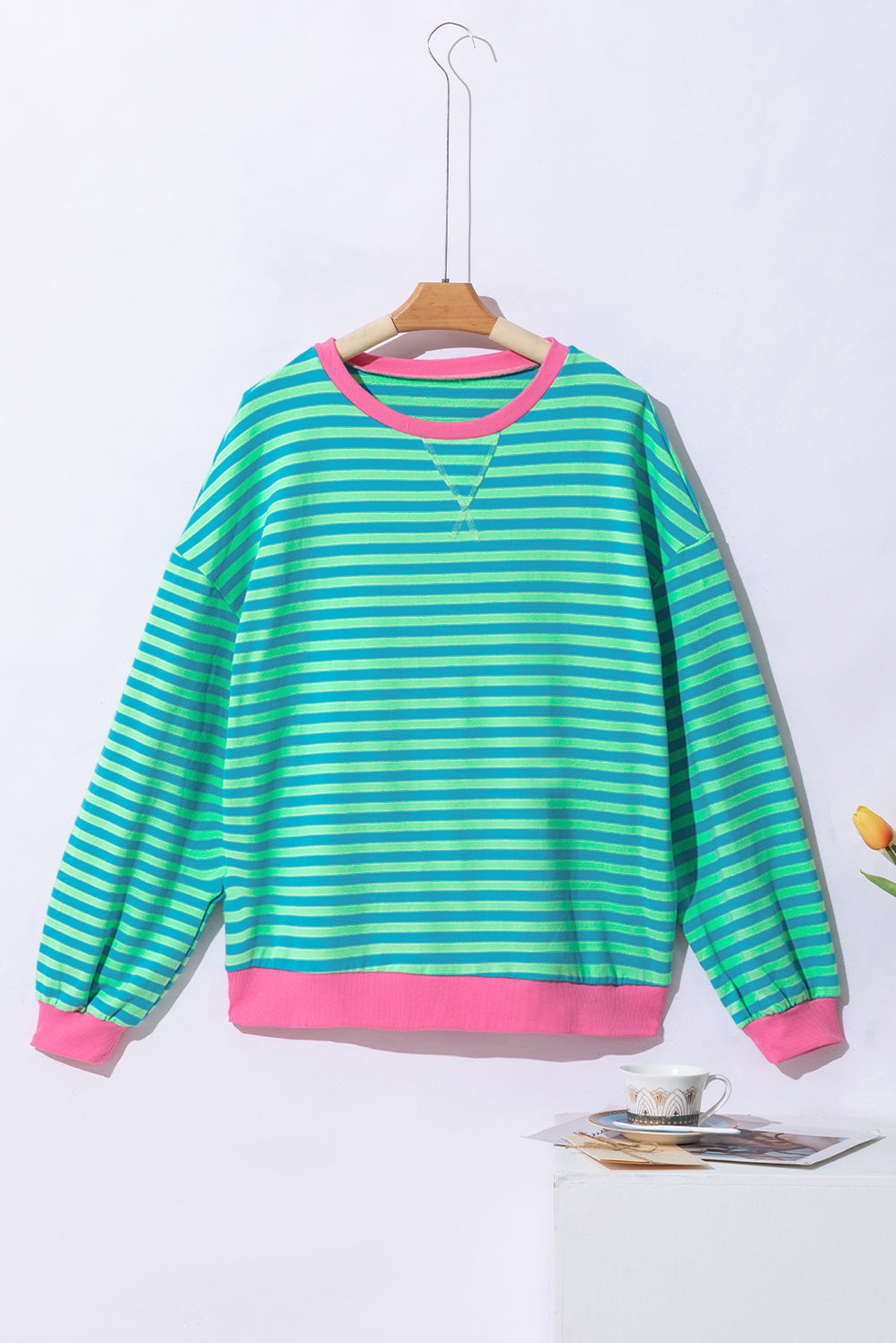 Sky Blue Stripe Oversized Contrast Trim Pullover Sweatshirt - Glimmer Road 