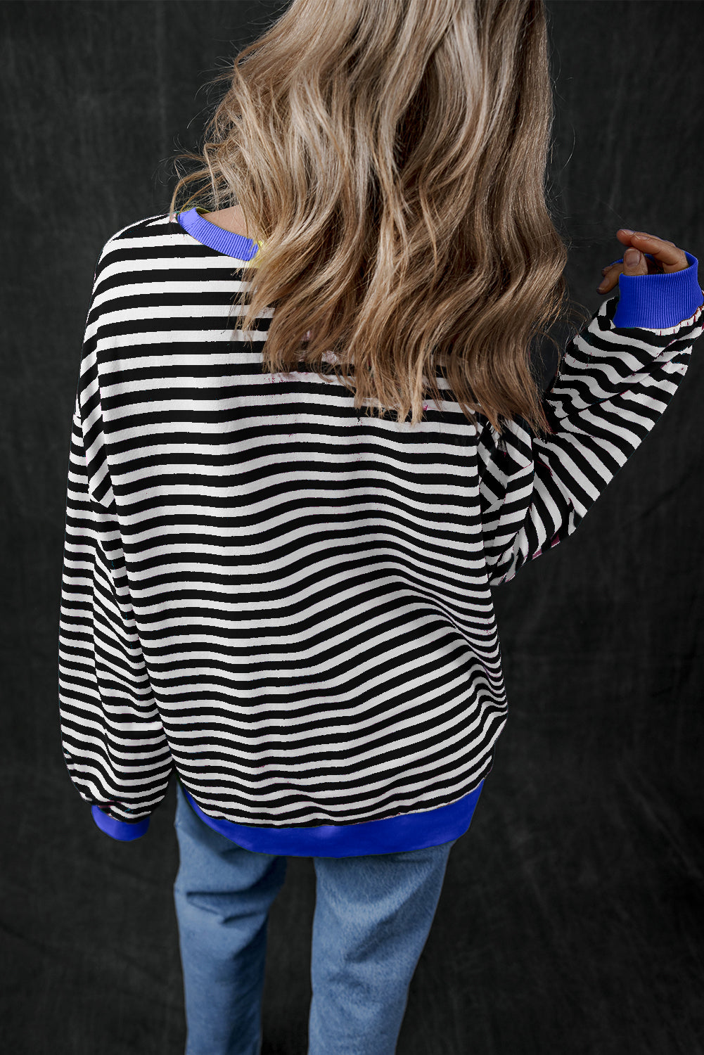 Black Stripe Oversized Contrast Trim Pullover Sweatshirt - Glimmer Road 