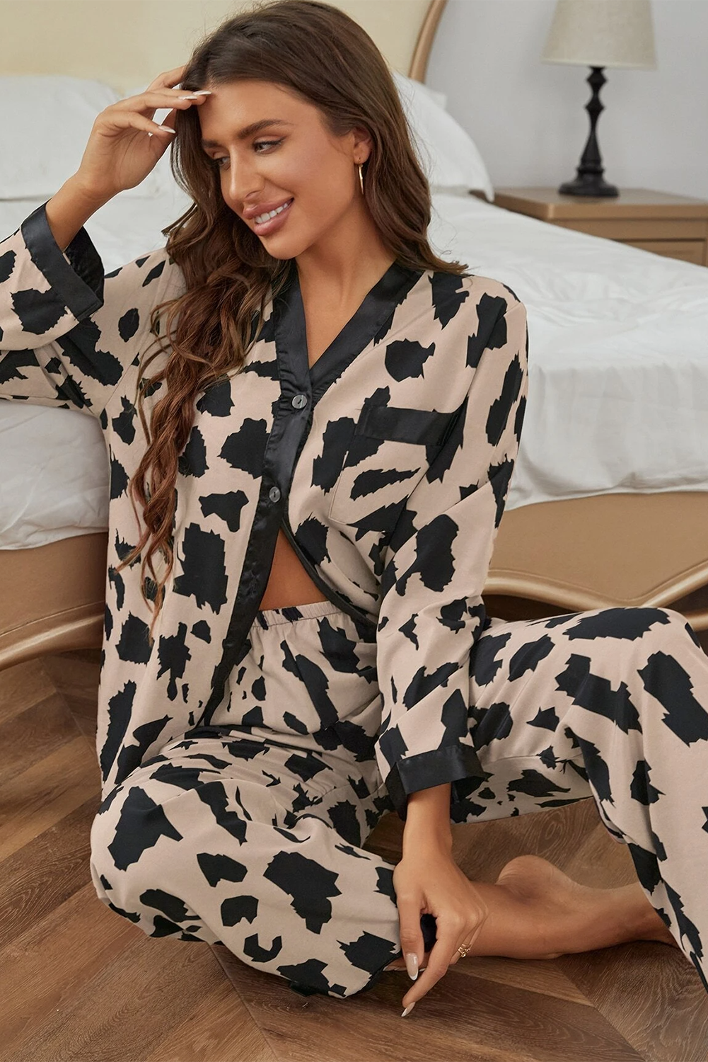 Khaki Cheetah Contrast Trim Loose Fit Two Piece Sleepwear - Glimmer Road 