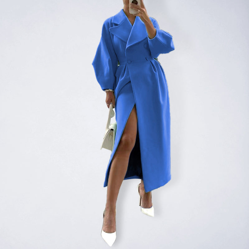 Retro court style lantern sleeve woolen coat with large lapel and long coat