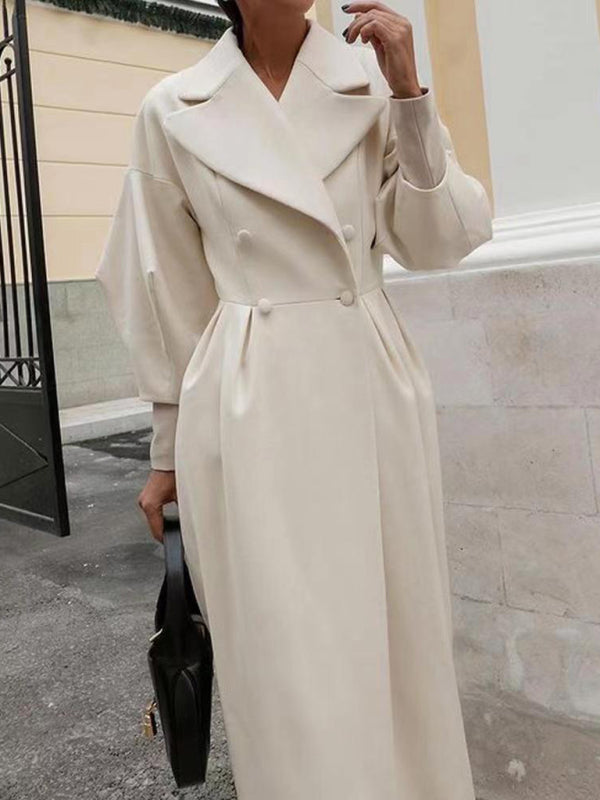 Retro court style lantern sleeve woolen coat with large lapel and long coat