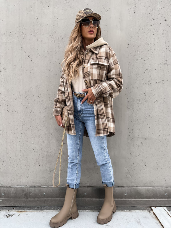 Women's Coat Fashion Hooded Wool Plaid Shirt Coat