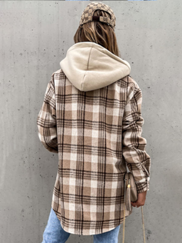 Women's Coat Fashion Hooded Wool Plaid Shirt Coat